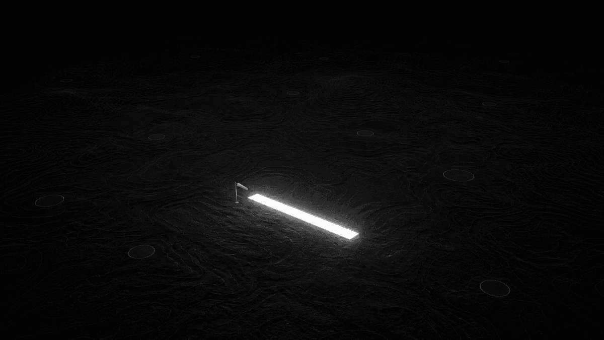 Dark terrain with an illuminated landing strip and alternative zones marked around it